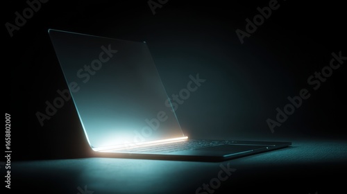 A laptop is glowing softly in a dark space, showcasing its sleek design and modern technology