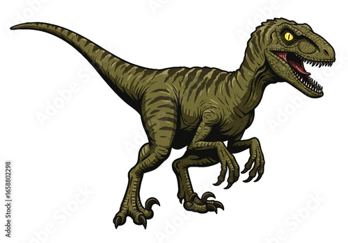 Illustration of a green raptor dinosaur with stripes and sharp teeth in a dynamic pose facing right on transparent background