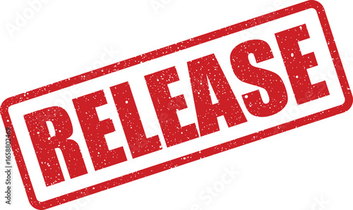 Red distressed grunge style stamp with the word RELEASE in bold white letters