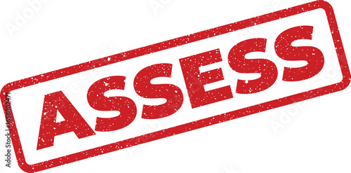 Red distressed rectangle stamp with the word ASSESS in bold capital letters