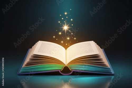 Open magical book emitting glowing light and sparkling particles into the darkness