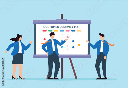 Vector illustration of team discussing customer journey map on whiteboard user experience design