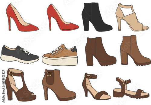 Illustration showing twelve different types of women's footwear including heels and boots in various colors on transparent background
