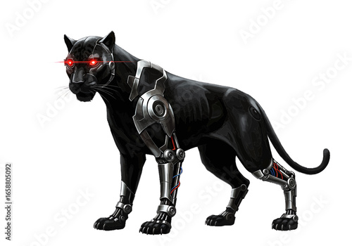 Illustration of a black panther with robotic parts and glowing red eyes standing on a white background on transparent background