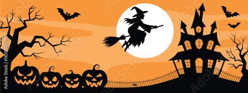 Halloween Scene With Witch Flying Past Full Moon And Haunted House broom