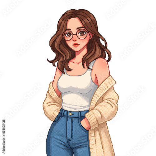 Pixel art of a woman with glasses wearing a cardigan and jeans in a casual pose looking forward on transparent background