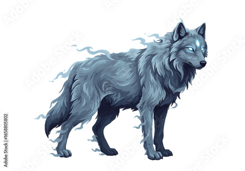 Illustration of a spectral wolf with glowing eyes and ethereal smoke around its body standing still on transparent background