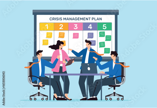 Vector illustration of colleagues preparing crisis management plan with sticky notes on whiteboard emergency response