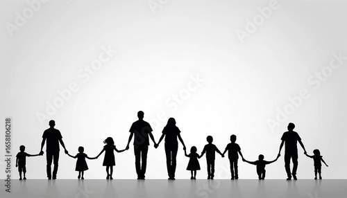 Large family walking together holding hands symbolizing unity, togetherness, love, and support in a minimalist black and white silhouette