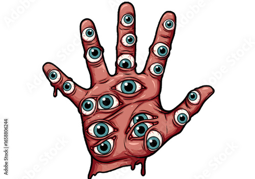 Illustration of a fleshy hand covered in many eyeballs with blue irises and white background view on transparent background
