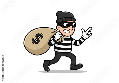 Cartoon thief in striped shirt carrying a bag of money and pointing his finger with a mischievous smile on transparent background