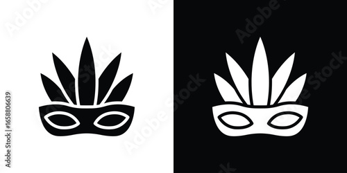 Masquerade Mask Icon in Black and White with Feathers