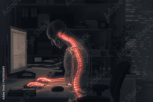 Digital illustration showing transparent male skeleton with highlighted spine and neck sitting at desk using computer, emphasizing posture and spinal alignment in office setting