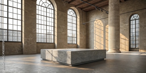 ultra-realistic 4K luxury urban loft background with matte concrete pedestal and soft window light