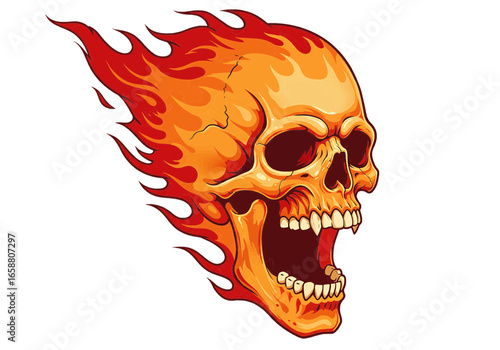 Illustration of a skull engulfed in flames with an open mouth and visible teeth on white backdrop on transparent background