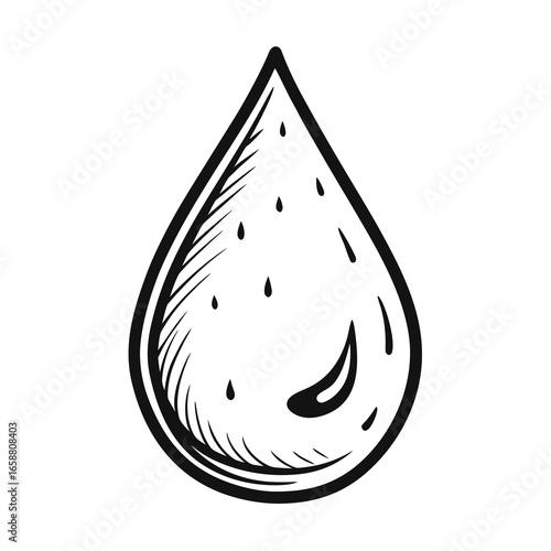 Black and white hand-drawn water droplet illustration perfect for health, wellness, nature, eco-friendly branding, spa treatments, or clean energy concepts