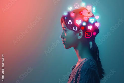 Teenage Asian girl standing in profile with digital social media icons and heart symbols floating around head, representing online communication and technology influence