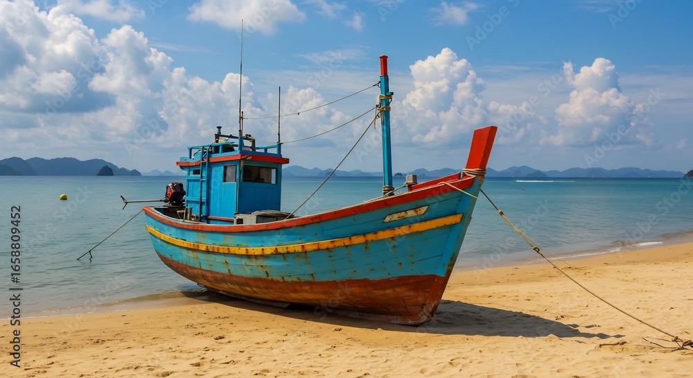 Fototapeta premium 青い漁船が穏やかな砂浜に静かに佇む。