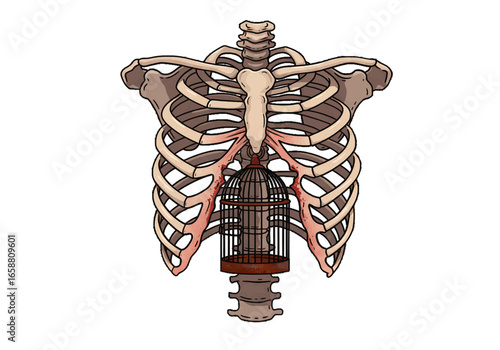 Illustration of a ribcage with a birdcage inside the chest cavity and spinal column below on transparent background