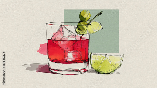 Ilustración de bebida con hielo, sandía y lima en acuarela