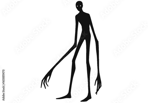 Silhouette of a slender figure with elongated limbs and glowing eyes standing on a white background on transparent background