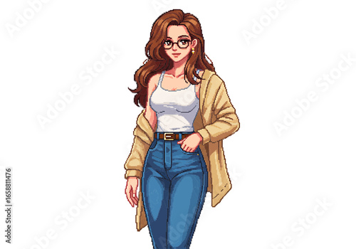 Pixel art image of a woman with brown hair wearing glasses and a cardigan in a casual style outfit on transparent background