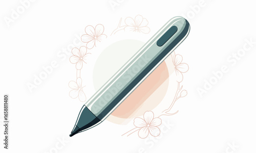 Digital pen illustration with floral wreath design, showcasing a stylus with soft pastel colors and clean vector graphics for creative projects