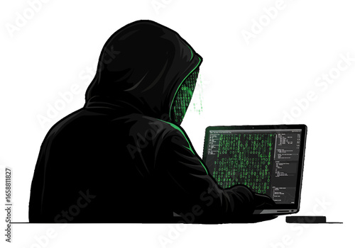 Person in a black hoodie facing away from the viewer while using a laptop with green code on screen on transparent background