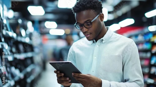African American man in retail store looking at tablet screen.