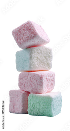 Stack of colorful marshmallow cubes.  A stack of four square, fluffy marshmallow candies in pastel pink, light green, and white.  Soft, airy texture is visible.  Isolated against black background