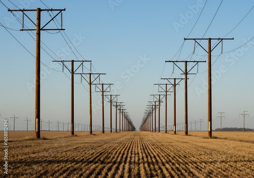 広大な畑に伸びる無数の送電線が水平線を美しく彩る