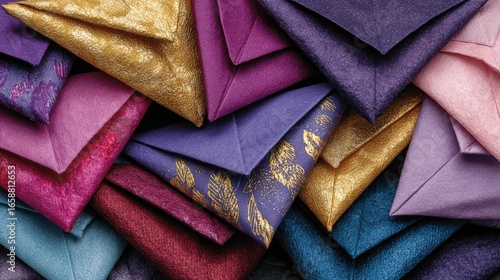 A collection of colorful envelopes, showcasing different textures and patterns. The envelopes vary in color, including gold, purple, pink, and blue, creating a visually appealing arrangement.