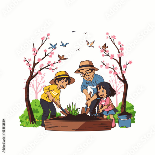 A father and his two children happily planting flowers in a garden on a sunny spring day.