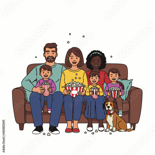 A diverse family and their dog enjoy a cozy movie night at home, sharing popcorn on the sofa.