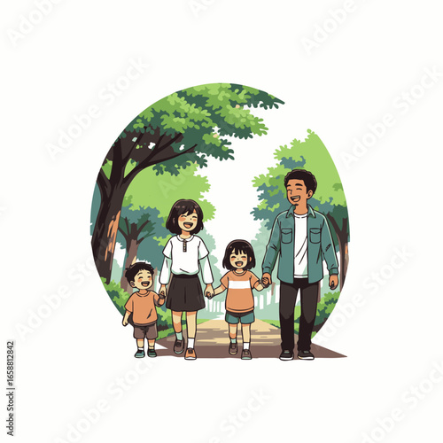 A happy family of four enjoys a leisurely stroll together on a sunny day in a park.
