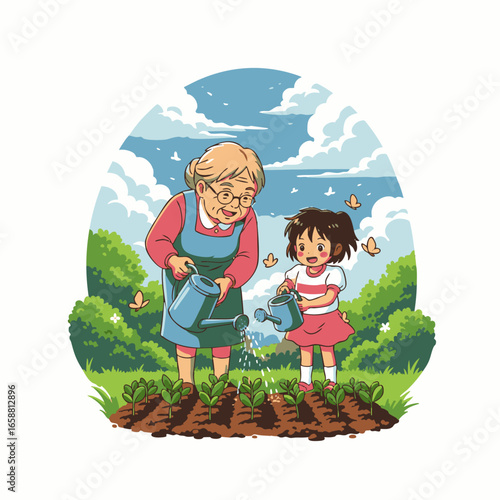 A charming illustration captures a grandmother and her granddaughter happily tending to their garden, watering fresh plants under a bright, clear sky.