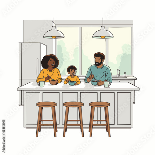 A happy multi-ethnic family, with parents and child, enjoys a morning meal together at their contemporary kitchen island, depicting domestic bliss.