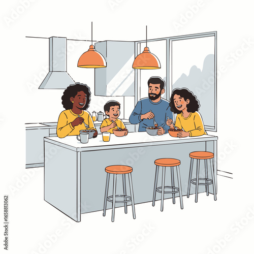 A joyful multi-ethnic family shares a delightful breakfast at their contemporary kitchen island, fostering connection and starting the day together.