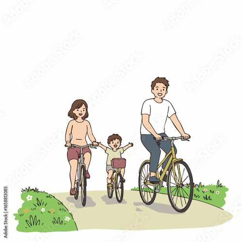 A happy family enjoys a leisurely bike ride together on a sunny day, exploring the outdoors and creating cherished memories.