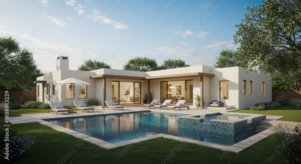 Fototapeta premium Modern One-Story Villa with Swimming Pool, Sun Loungers, and Elegant Outdoor Living
