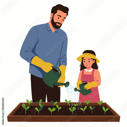 A caring father and his young daughter bond while diligently watering newly planted seedlings in a vibrant garden bed, fostering growth and shared learning.