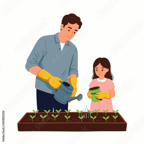 A loving father and his young daughter joyfully engage in a shared gardening activity, carefully watering newly planted seedlings in a rectangular planter.