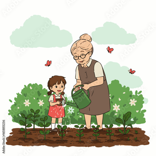 A loving grandmother and her granddaughter are joyfully nurturing young plants in a vibrant garden, symbolizing intergenerational learning and care for nature.