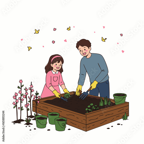 A happy father and daughter bond while engaging in the rewarding activity of planting new seedlings in a raised garden bed during springtime.