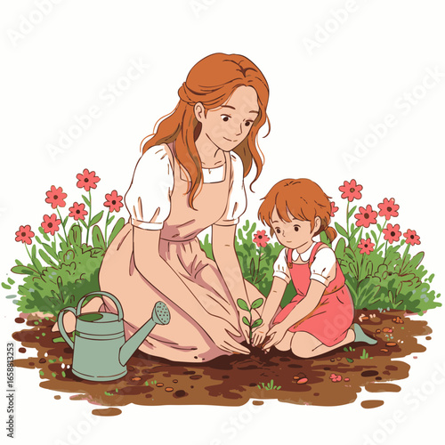 A charming illustration depicts a loving mother and her daughter carefully planting a small sapling in the fertile earth of a beautiful, blooming garden.