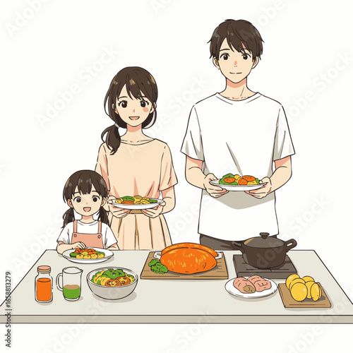 A heartwarming illustration portrays a loving family, including parents and their young daughter, happily preparing and enjoying a homemade meal together at home.