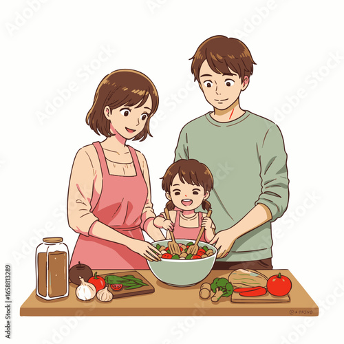 A joyful family, mother, father, and their young daughter, collaboratively prepares a healthy, fresh meal in a bright kitchen, celebrating domestic harmony.