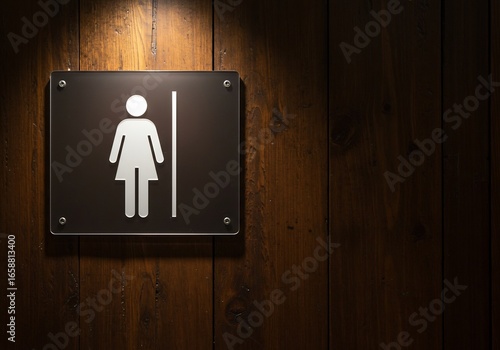 暗闇に浮かび上がる女性用トイレの標識が、静かに来訪者を誘います。