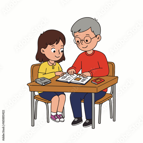 A kind adult patiently guides a young girl through her studies, fostering a love for learning and knowledge in a supportive educational environment.