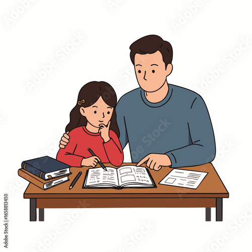 A supportive father patiently guides his young daughter through her schoolwork, creating a nurturing learning environment and strengthening their family bond.
